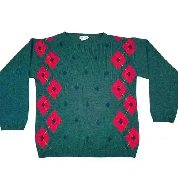 Vintage green and red argyle pattern wool acrylic Tan Jay size medium - Picture 1 of 5